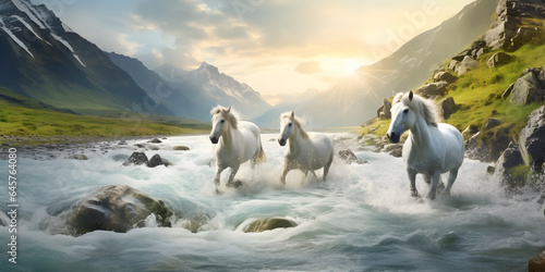 White horses group running across the water