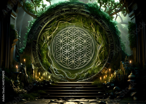 Flower Of Life symbol (sacred geometry), in a mystic portal made of roots, candles and moss, embedded in a mysterious jungle.