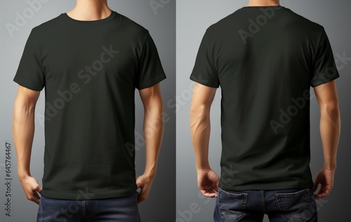 Front and back view Young man donning stylish black t shirt