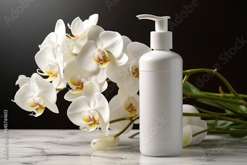 Lotion and a graceful white orchid share a serene tableau