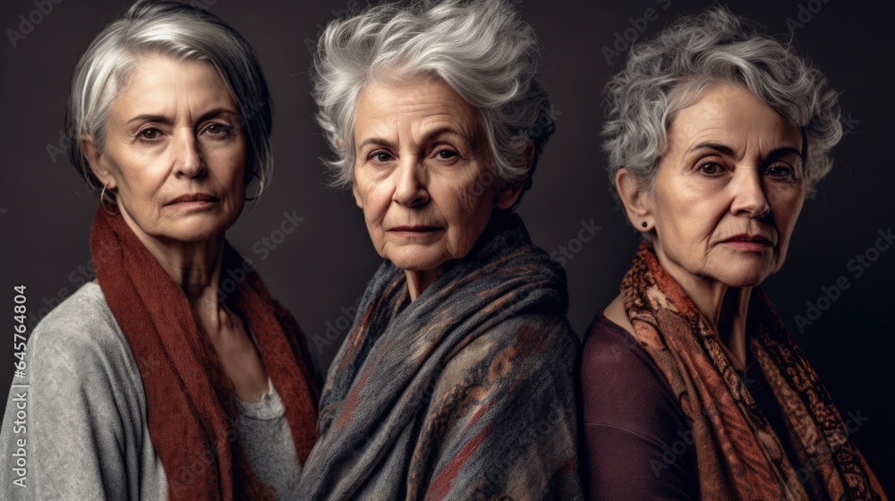 Studio image of seniors with diverse skin tones, stylish grey hair, and anger. Generative AI Studio image of seniors with diverse skin tones, stylish grey hair, and anger. Generative AI