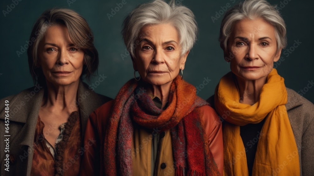 Fototapeta premium Diverse seniors with stylish grey hair express anger in a studio. Generative AI