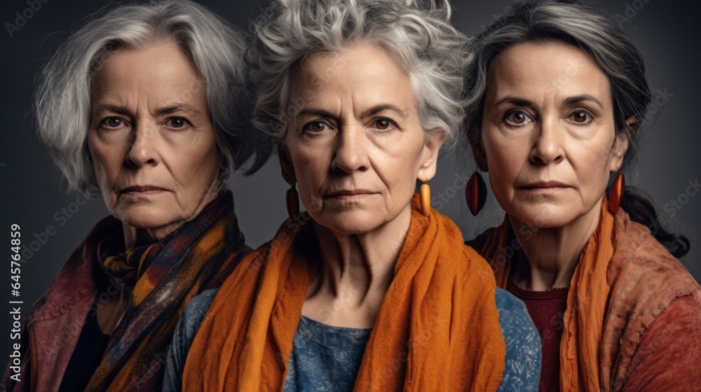 Seniors in studio setting, showcasing anger, diverse skin tones, stylish grey hair. Generative AI Seniors in studio setting, showcasing anger, diverse skin tones, stylish grey hair. Generative AI