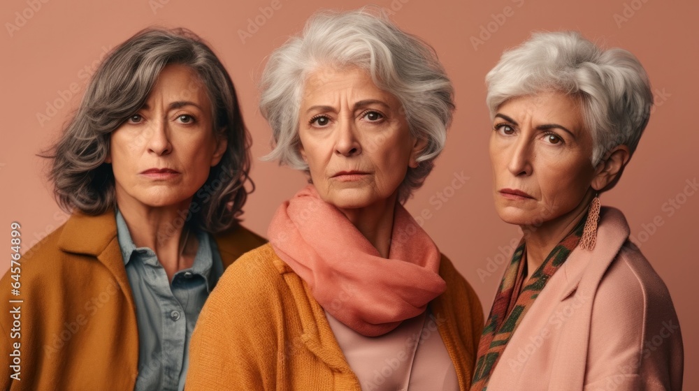 Diverse senior women display anger in a studio, wearing neutral clothes and grey hair. Generative AI Diverse senior women display anger in a studio, wearing neutral clothes and grey hair. Generative AI