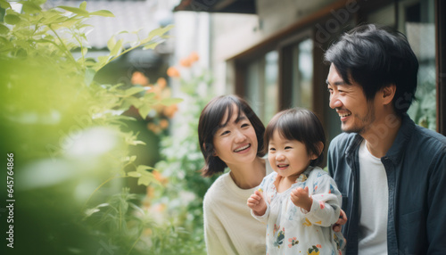A joyful Japanese family of four enjoys quality time at outside home, radiating love, and happiness in a beautiful outdoor portrait