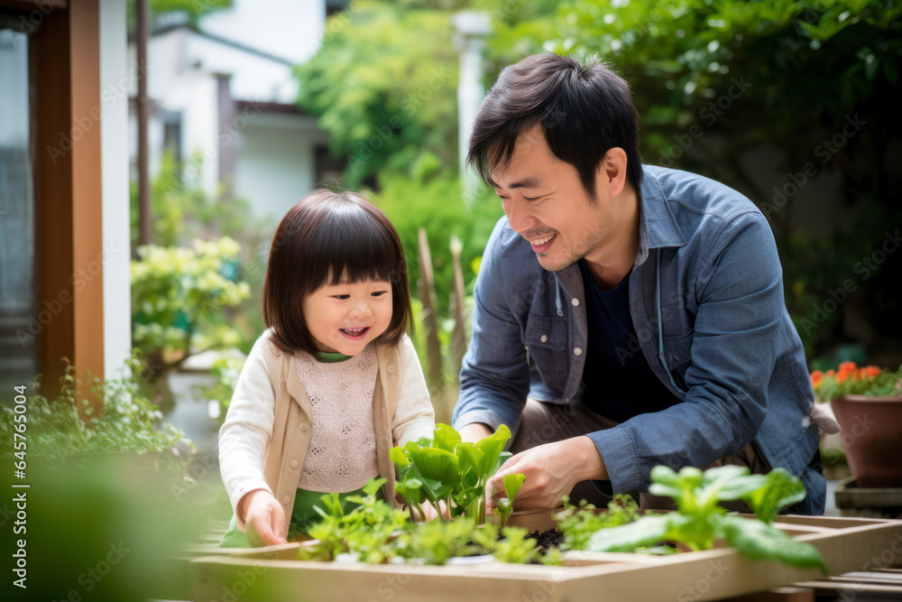 A Japanese family happily smiling prepares a fresh and healthy salad together in outdoor of house, celebrating togetherness and nutritious family meals A Japanese family happily smiling prepares a fresh and healthy salad together in outdoor of house, celebrating togetherness and nutritious family meals