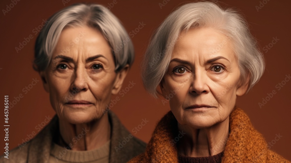 Two angry senior women, diverse skin tones, grey hair, neutral attire, studio backdrop. Generative AI Two angry senior women, diverse skin tones, grey hair, neutral attire, studio backdrop. Generative AI