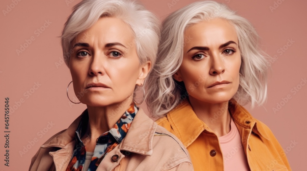 Studio portrait of two senior women expressing anger with diverse skin tones. Generative AI Studio portrait of two senior women expressing anger with diverse skin tones. Generative AI