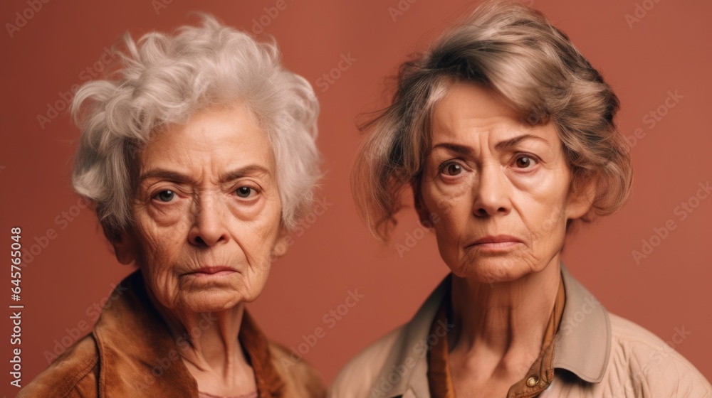 Angry seniors in a studio, wearing neutral outfits, with stylish grey hair. Generative AI Angry seniors in a studio, wearing neutral outfits, with stylish grey hair. Generative AI