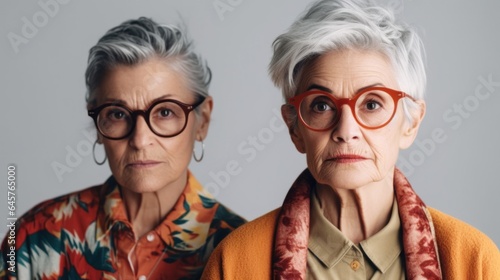 Angry senior women with neutral attire, diverse skin tones, and stylish grey hair in a studio. Generative AI