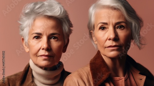 Senior women, showing anger, diverse skin tones, grey hair, neutral clothes, studio shot. Generative AI