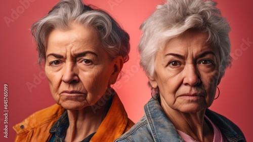 Studio photo of two seniors, both showing anger, with different skin tones and fashionable grey hair. Generative AI
