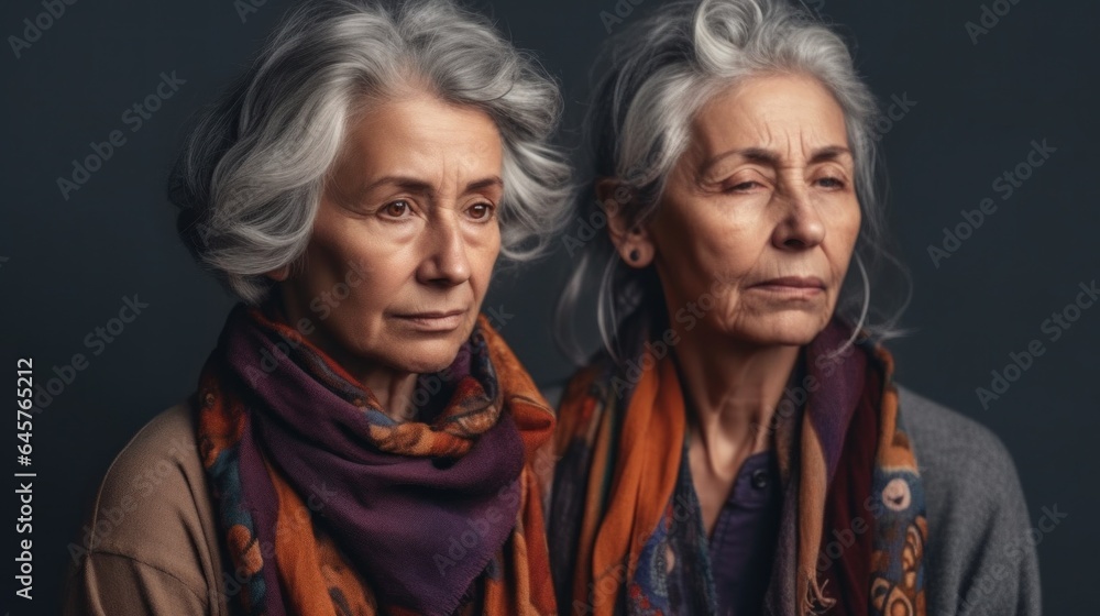 Senior ladies with a range of skin tones, all wearing chic grey hairstyles and somber expressions, set against a studio background. Generative AI Senior ladies with a range of skin tones, all wearing chic grey hairstyles and somber expressions, set against a studio background. Generative AI