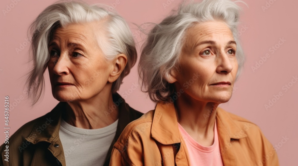 Two sad older women, each with distinct skin tones, stylish grey hair, and neutral apparel, photographed in a studio. Generative AI Two sad older women, each with distinct skin tones, stylish grey hair, and neutral apparel, photographed in a studio. Generative AI