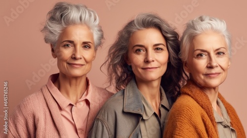 Weary senior women, displaying different skin tones, donning fashionable grey hair, and dressed neutrally, all captured in a studio. Generative AI