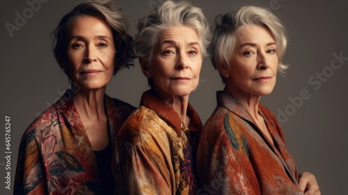 Exhausted elderly ladies, each with unique skin tones, chic grey hair, and neutral clothing, in a studio setting. Generative AI