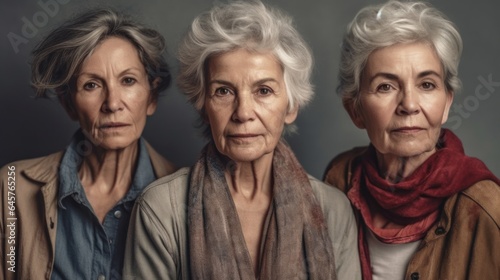 Tired senior women, diverse in skin tones, with stylish grey hair and neutral attire, standing in a studio. Generative AI © iuricazac