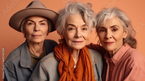 Senior women  drained and diverse in skin tones  wearing chic grey hair and neutral clothing  depicted in a studio. Generative AI