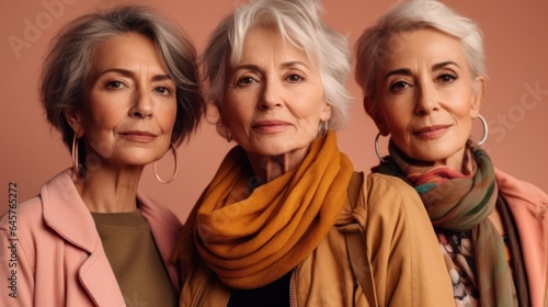 Fatigued older women, representing varied skin tones, stylish grey hair, and neutral outfits, photographed in a studio. Generative AI