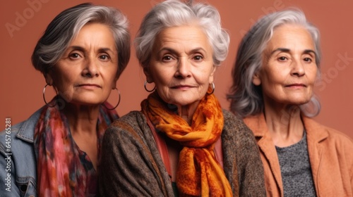A studio image of exhausted senior ladies, with different skin tones, showcasing stylish grey hair and neutral attire. Generative AI