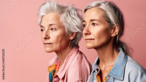 Two senior women, visibly exhausted, exhibiting diverse skin tones, stylish grey hair, and neutral clothing in a studio photo. Generative AI