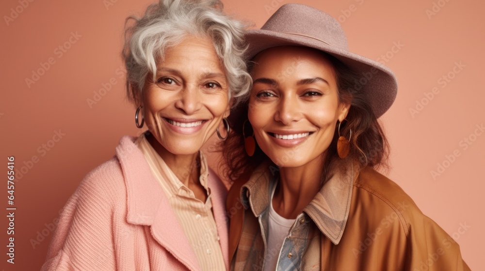 Two delighted senior women, each with distinct skin tones, wearing stylish grey hair and neutral outfits, in a studio setting. Generative AI Two delighted senior women, each with distinct skin tones, wearing stylish grey hair and neutral outfits, in a studio setting. Generative AI