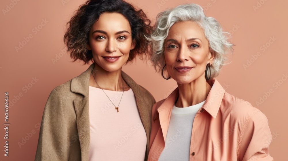 In a studio, cheerful elderly ladies with various skin tones, chic grey hair, and neutral clothing. Generative AI In a studio, cheerful elderly ladies with various skin tones, chic grey hair, and neutral clothing. Generative AI