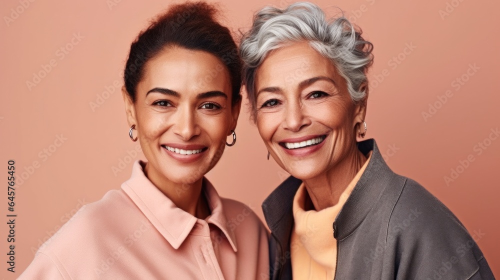 Two senior women radiating happiness in a studio, displaying different skin tones, stylish grey hair, and neutral outfits. Generative AI Two senior women radiating happiness in a studio, displaying different skin tones, stylish grey hair, and neutral outfits. Generative AI
