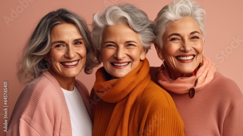 Joyful older ladies, showcasing diverse skin tones, chic grey hair, and neutral clothing in a studio photograph. Generative AI