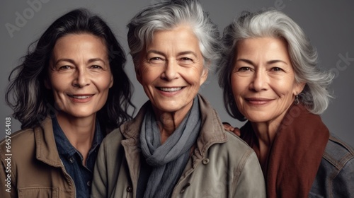 Diverse senior women, happy and smiling, with stylish grey hair and neutral attire in a studio. Generative AI