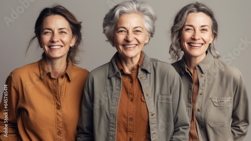 Diverse senior women, happy and smiling, with stylish grey hair and neutral attire in a studio. Generative AI
