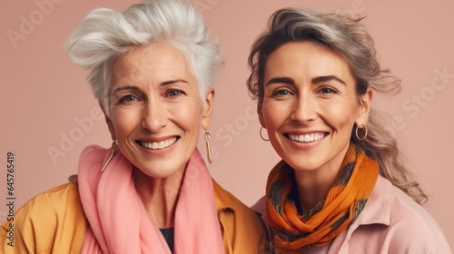 Diverse senior women, happy and smiling, with stylish grey hair and neutral attire in a studio. Generative AI