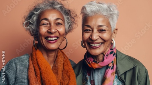 In a studio, cheerful elderly ladies with various skin tones, chic grey hair, and neutral clothing. Generative AI