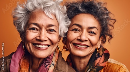 Senior women beaming with joy, representing various skin tones, stylish grey hair, and neutral attire, photographed in a studio environment. Generative AI