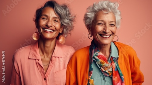 In a studio shot, two delighted senior women, each with their unique skin tones, don stylish grey hair and neutral clothing. Generative AI