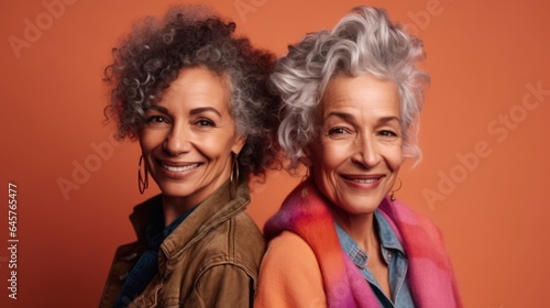 Two joyful senior women with different skin tones, stylish grey hair, and neutral clothes in a studio background. Generative AI