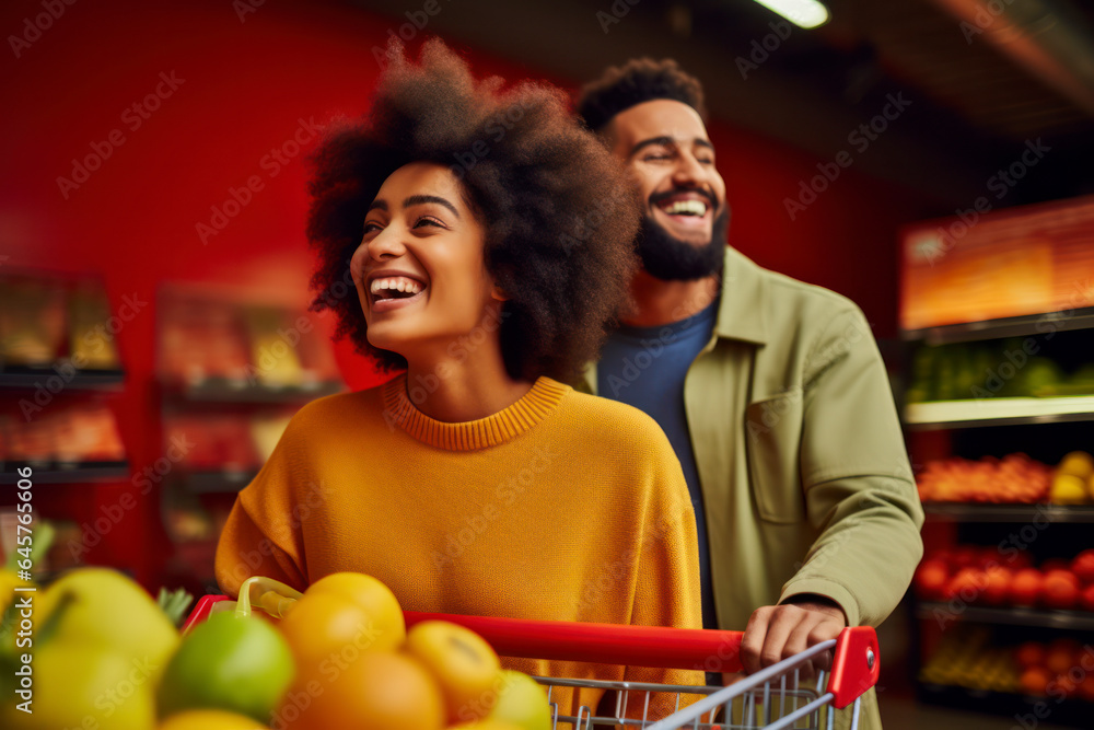 Everyday shopping in vibrant colors: A happy smile Hispanic and Latinx couple selects fresh, healthy produce in the supermarket together,red,yellow,banner
