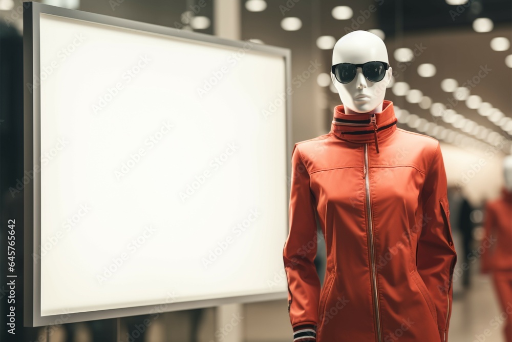 two mannequins are standing behind a white board Mockup two mannequins are standing behind a white board Mockup