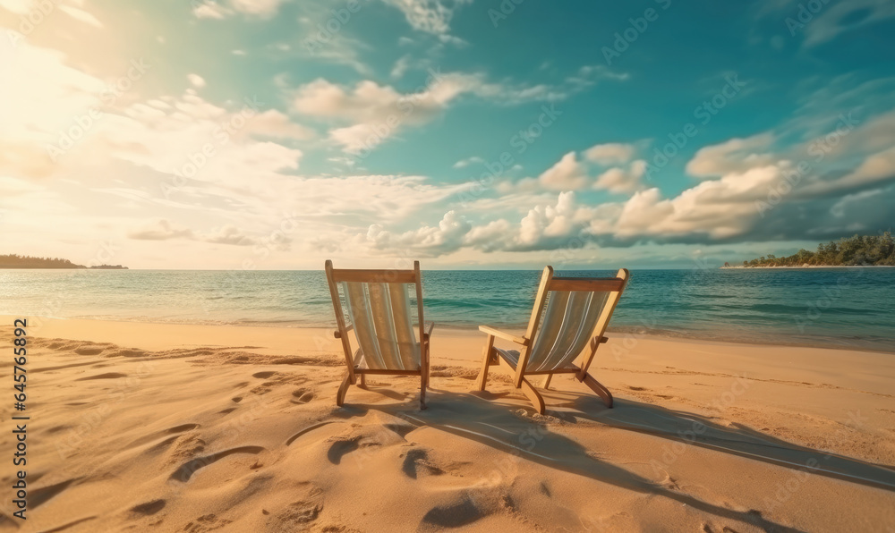 Tropical landscape with sun beds of the beach. Vacation on a beautiful island.