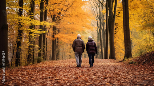 Old couple walking in autumn forest