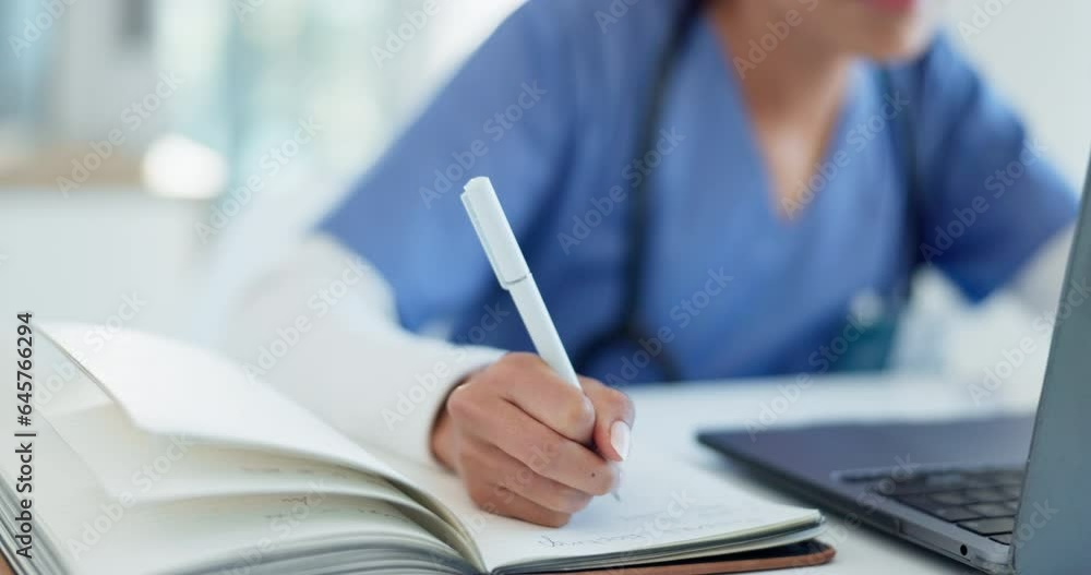 Doctor, hands and writing in healthcare planning, hospital research and schedule or internship goals. Woman, nurse or medical student with notes, notebook and computer in clinic education or studying Doctor, hands and writing in healthcare planning, hospital research and schedule or internship goals. Woman, nurse or medical student with notes, notebook and computer in clinic education or studying