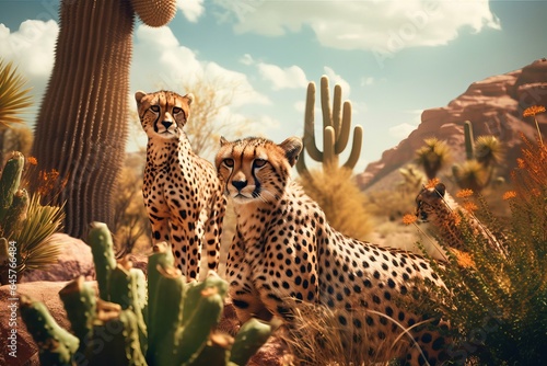 Free cheetah on a mound watching around in serengeti Generative AI
