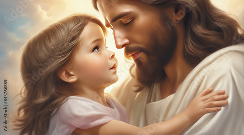 Heavenly Love: Jesus Embracing a Cute Little Girl with Love, AI Generated.