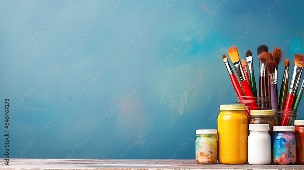 Obraz premium Art supply on table, wall with copy space