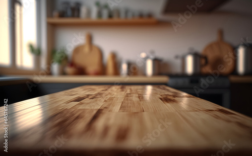 Empty polished wooden tabletop against blurred kitchen  Generative AI