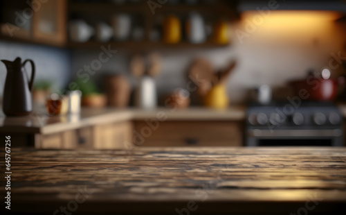 Empty rustic wooden tabletop against blurred kitchen  Generative AI