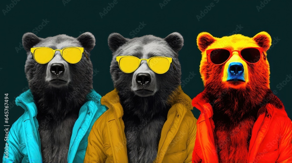 Bear fashion, pop art collage style neon bold color