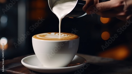 Barista pouring milk into latte