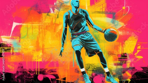 Basket ball player, pop art collage style neon bold color