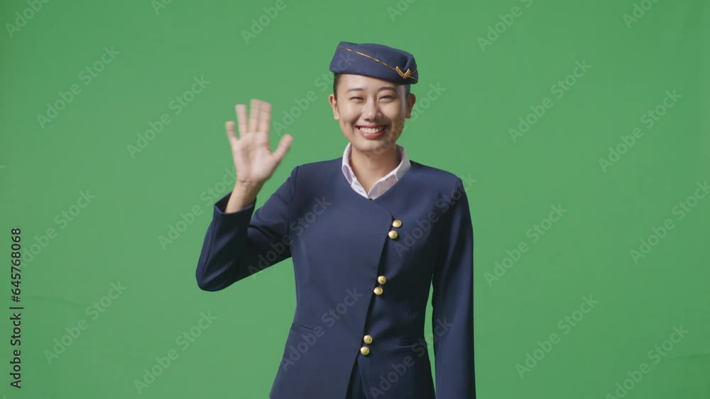 Asian Woman Air Hostess Smiling, Waving Hand, And Saying Bye While Standing In The Green Screen Background Studio
Asian Woman Air Hostess Smiling, Waving Hand, And Saying Bye While Standing In The Green Screen Background Studio